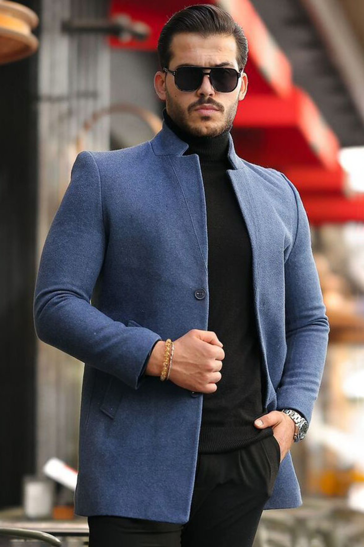 Dik Yakalı Düğme Kapamalı Çift Cepli Dar Slim Fit Kesim Astarlı Bel Altı Boy Klasik Cool Kaşe Kaban — آبی ABLG-0608 — تصویر 2 از 6