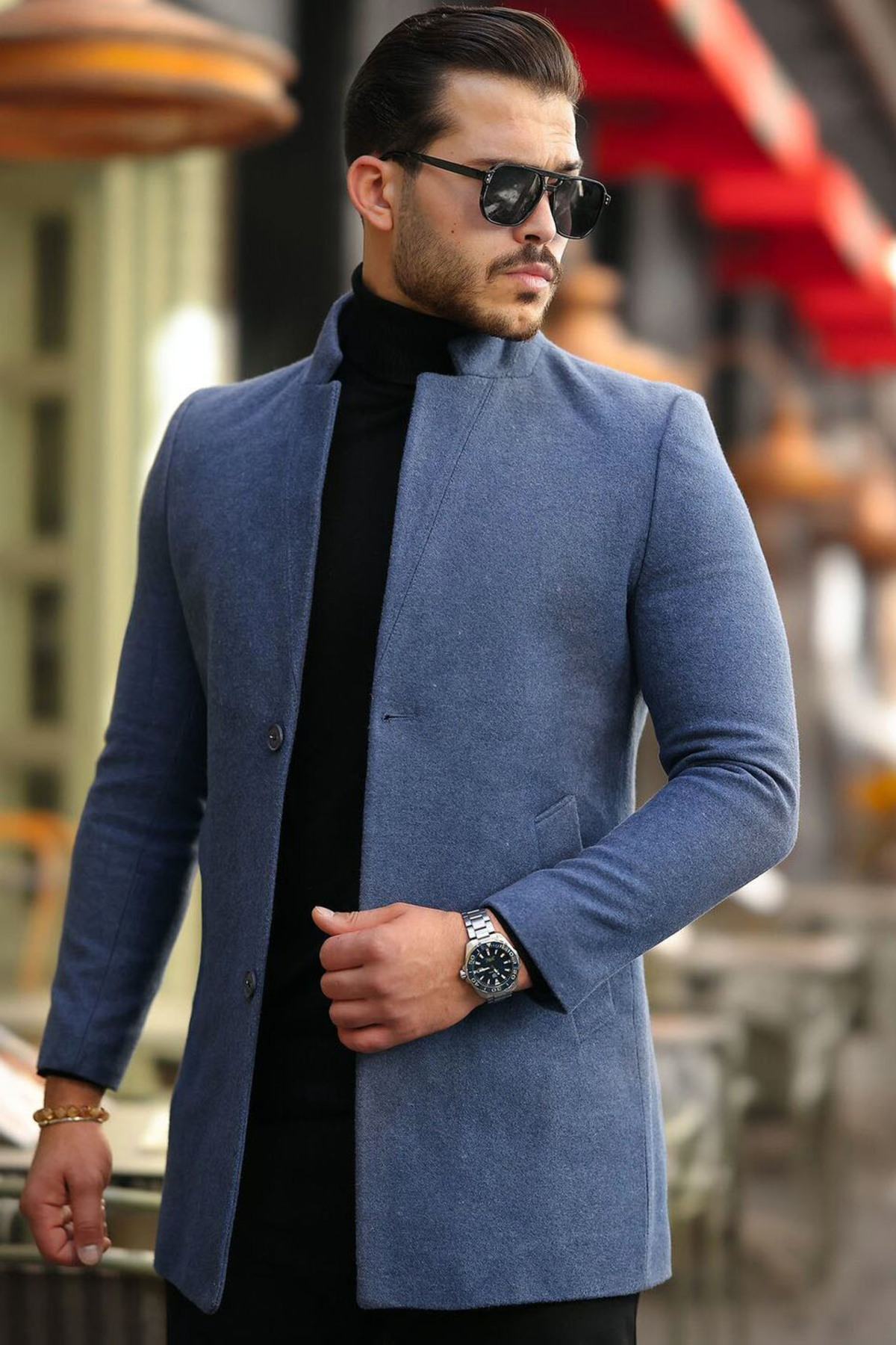 Dik Yakalı Düğme Kapamalı Çift Cepli Dar Slim Fit Kesim Astarlı Bel Altı Boy Klasik Cool Kaşe Kaban — آبی ABLG-0608 — تصویر 3 از 6
