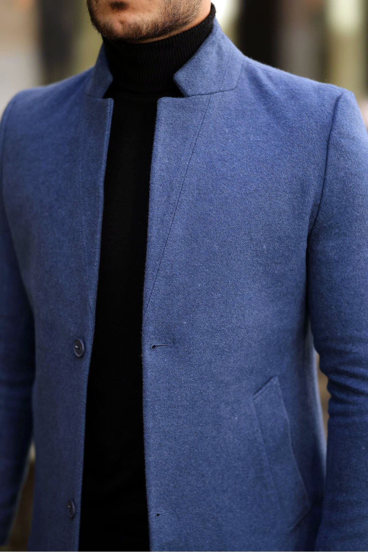 Dik Yakalı Düğme Kapamalı Çift Cepli Dar Slim Fit Kesim Astarlı Bel Altı Boy Klasik Cool Kaşe Kaban — آبی ABLG-0608 — تصویر 5 از 6