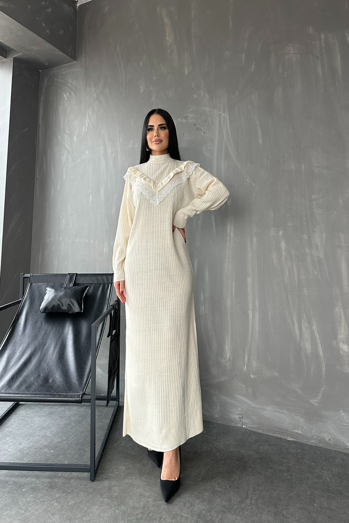 kamacibutik-Turtleneck Front Laced Knitwear Dress 3