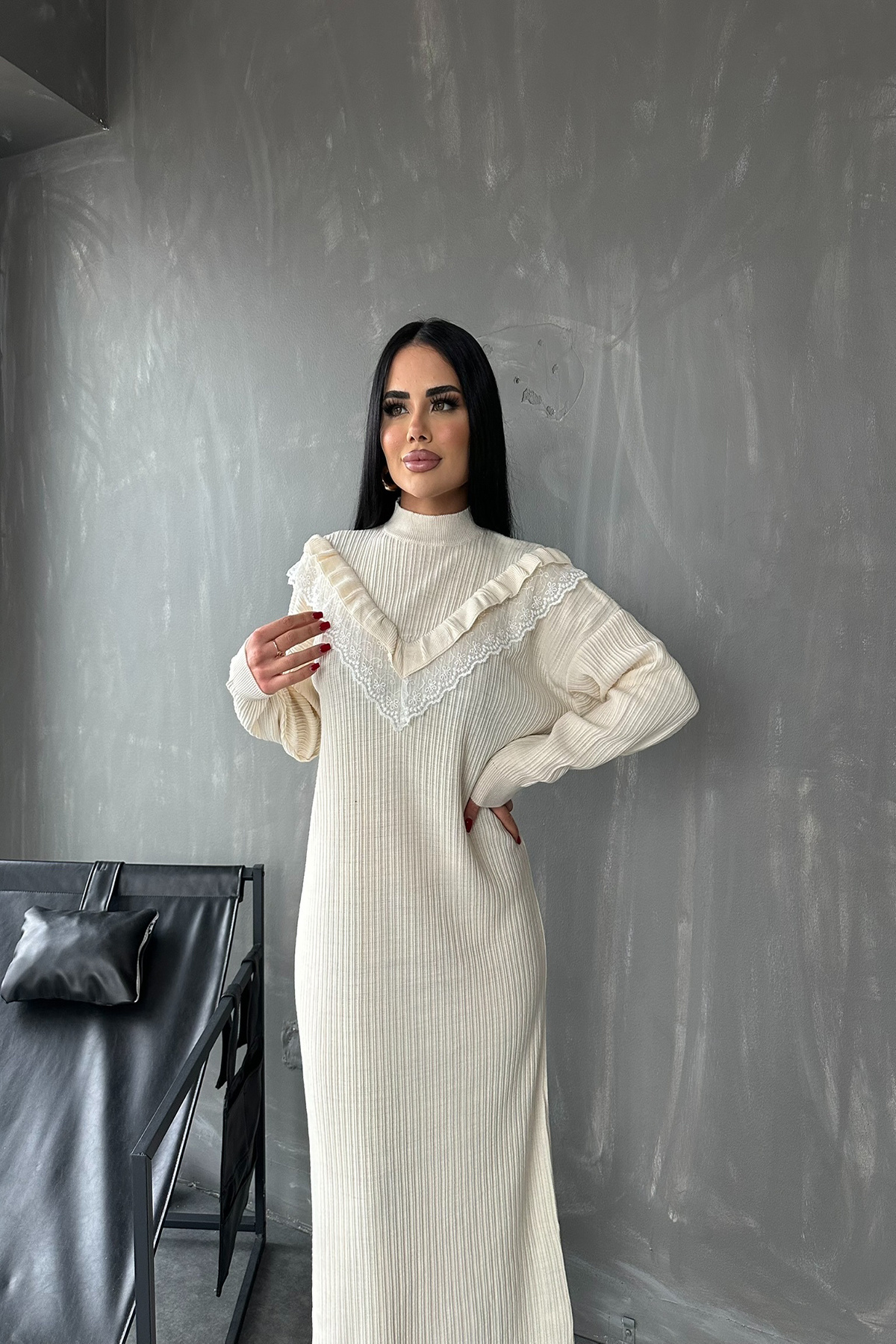 kamacibutik-Turtleneck Front Laced Knitwear Dress 2