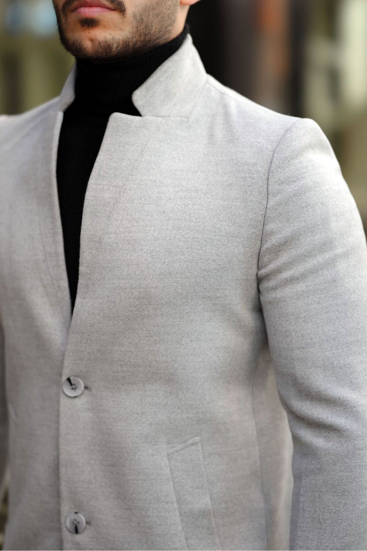 Regular Boy Çift Cepli Slim Kesim Dar Kalıp Dik Hakim Yakalı Klasik Model Günlük Şık Kaşe Kaban — خاکستری VBLG-0608 — تصویر 5 از 6
