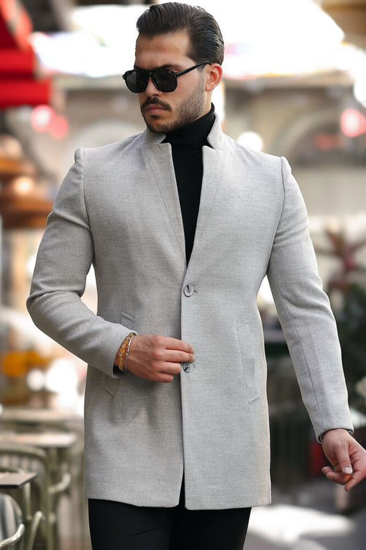 Regular Boy Çift Cepli Slim Kesim Dar Kalıp Dik Hakim Yakalı Klasik Model Günlük Şık Kaşe Kaban — خاکستری VBLG-0608