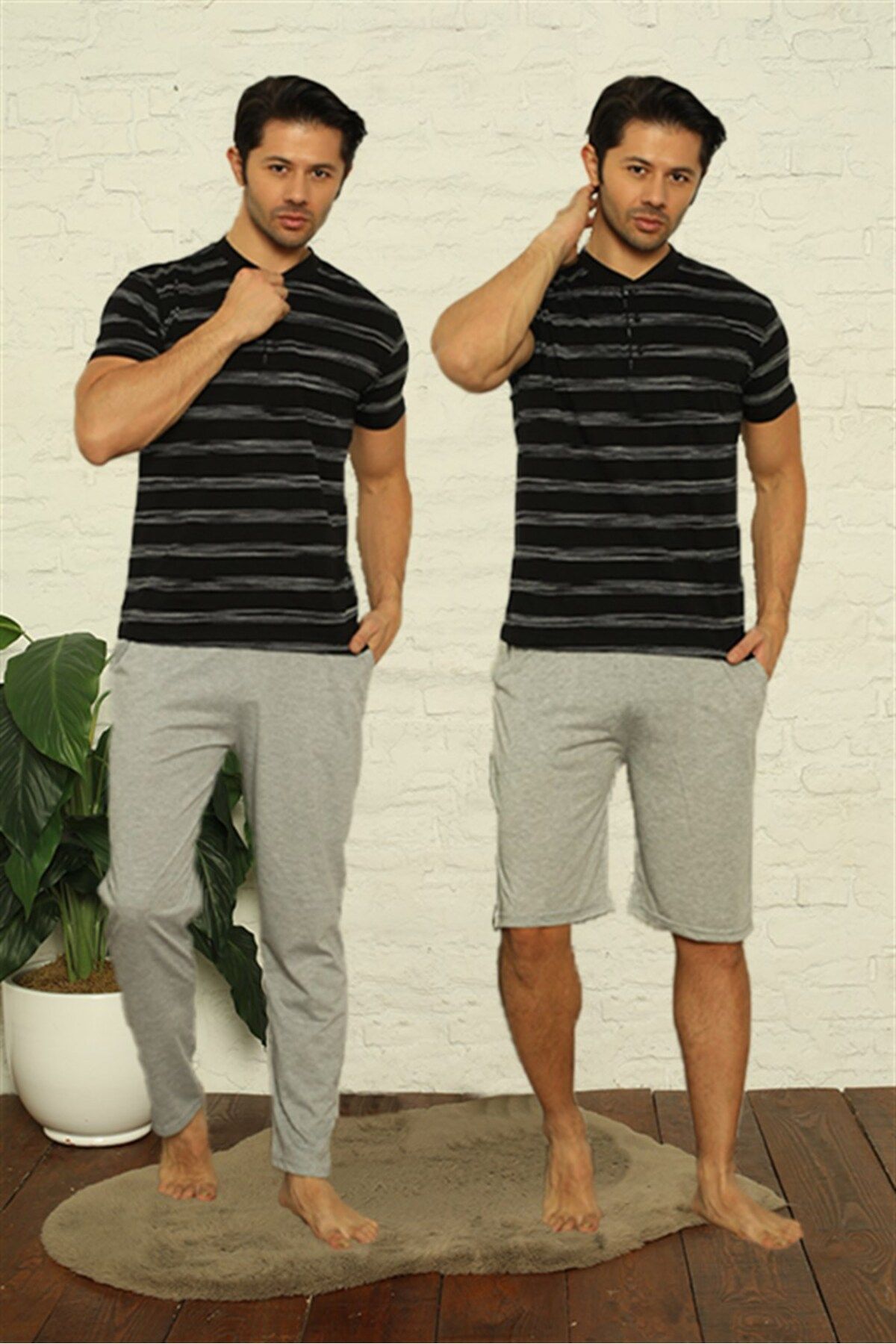 COXO Fashion`S Moda Çizgi Men's Black 3-Piece Pajama Set 6823