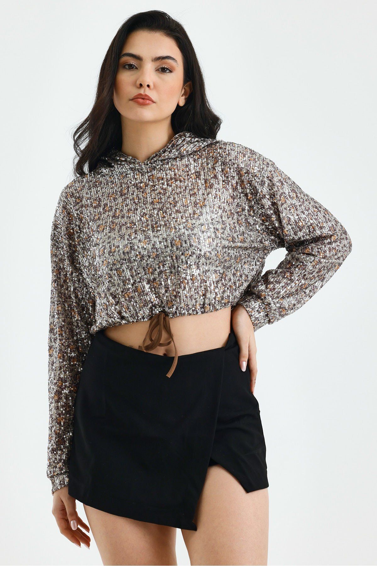 soBasic-Μακρυμάνικη μπλούζα με κουκούλα Leopard Pattern Sequin Fabric-L - Leopard 2
