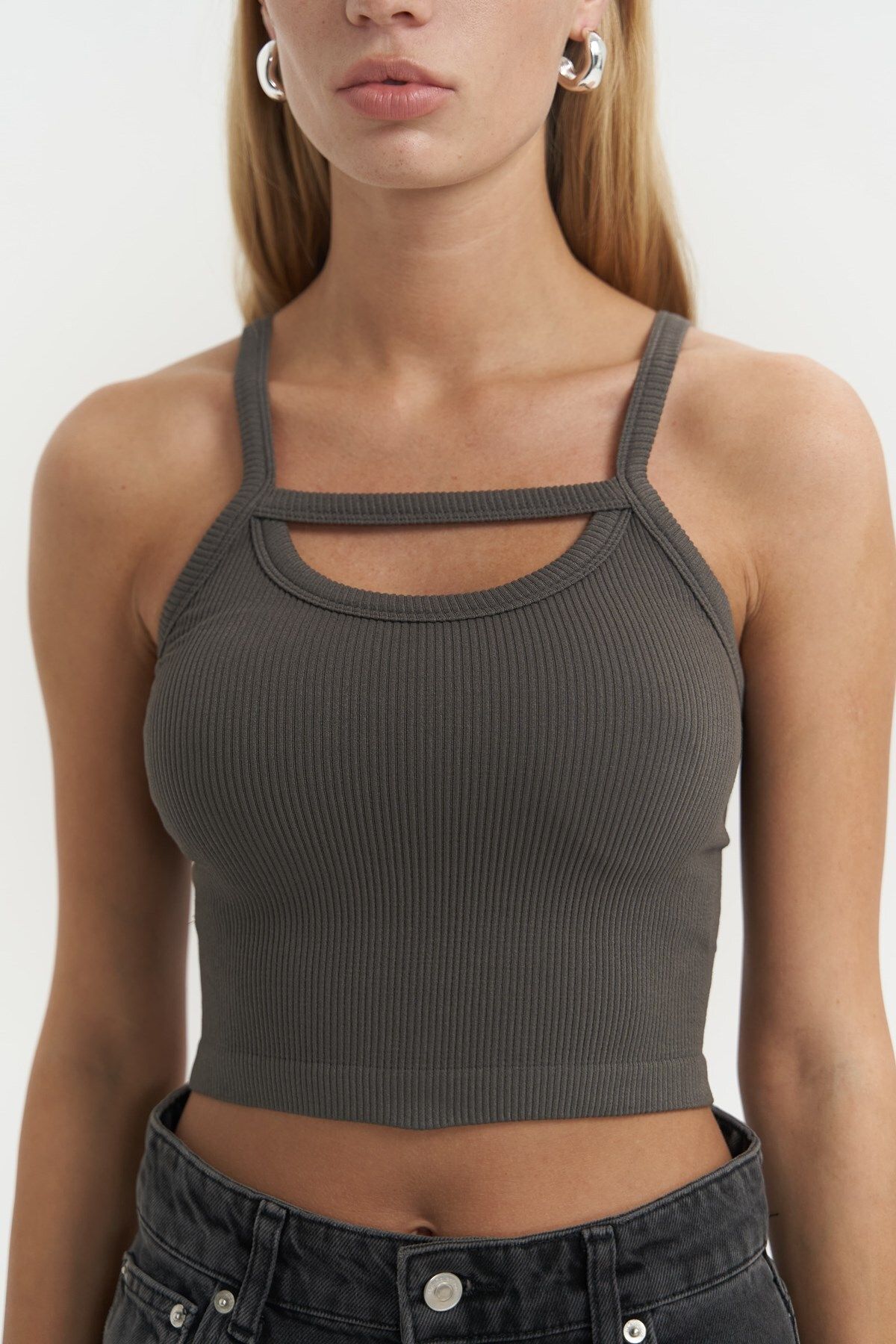 MAİ COLLECTİON-Noam Anthracite Front Detail Corded Crop 5