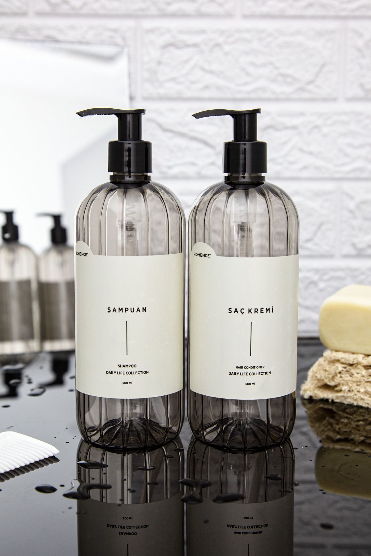 homence-Set of 2 Shampoo Conditioner Label Plastic Bottle Set Smoked Soap Dispenser 500 ml 3
