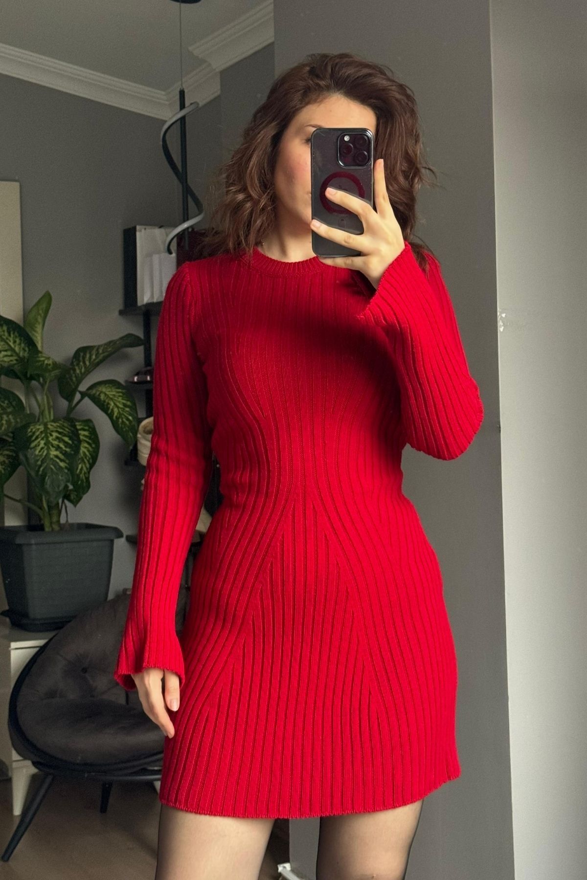 Qenz Triko Mini Elbise -Kırmızı