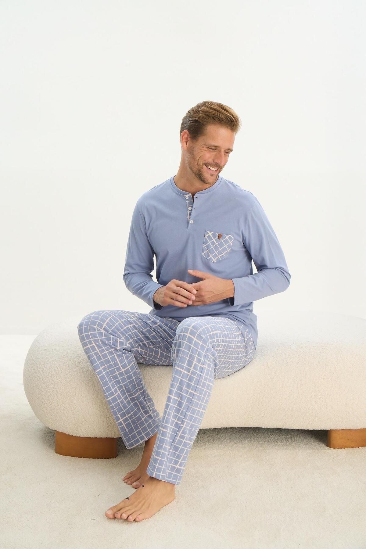 Sevim-Men's Long Sleeve 100% Cotton Blue Pajamas Set 9516 4