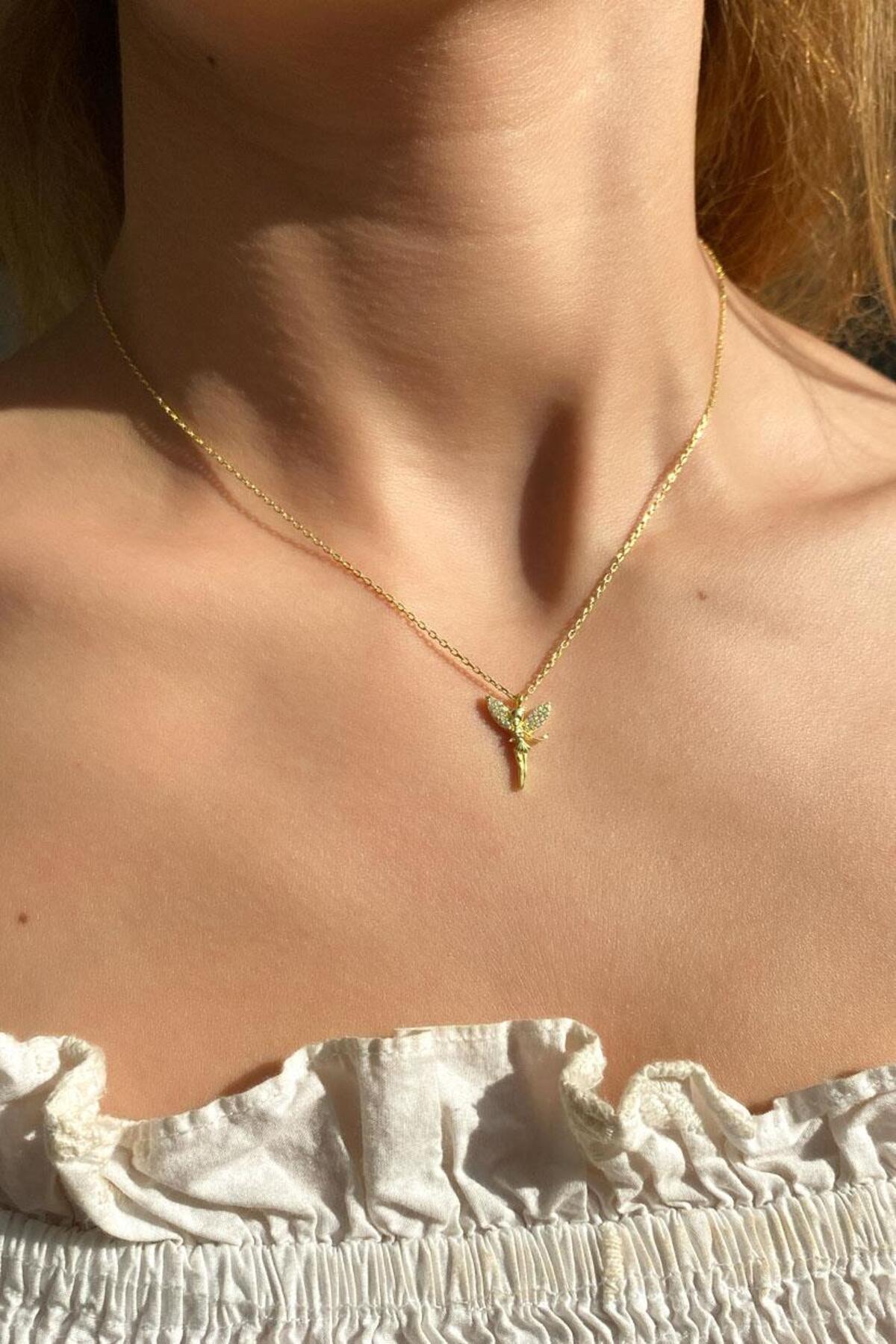 Spossy Silver Jewelry 925 Ayar Gümüş, 14 Ayar Gold, Tinker Bell, Peri Kolye, Sevgililer Günü