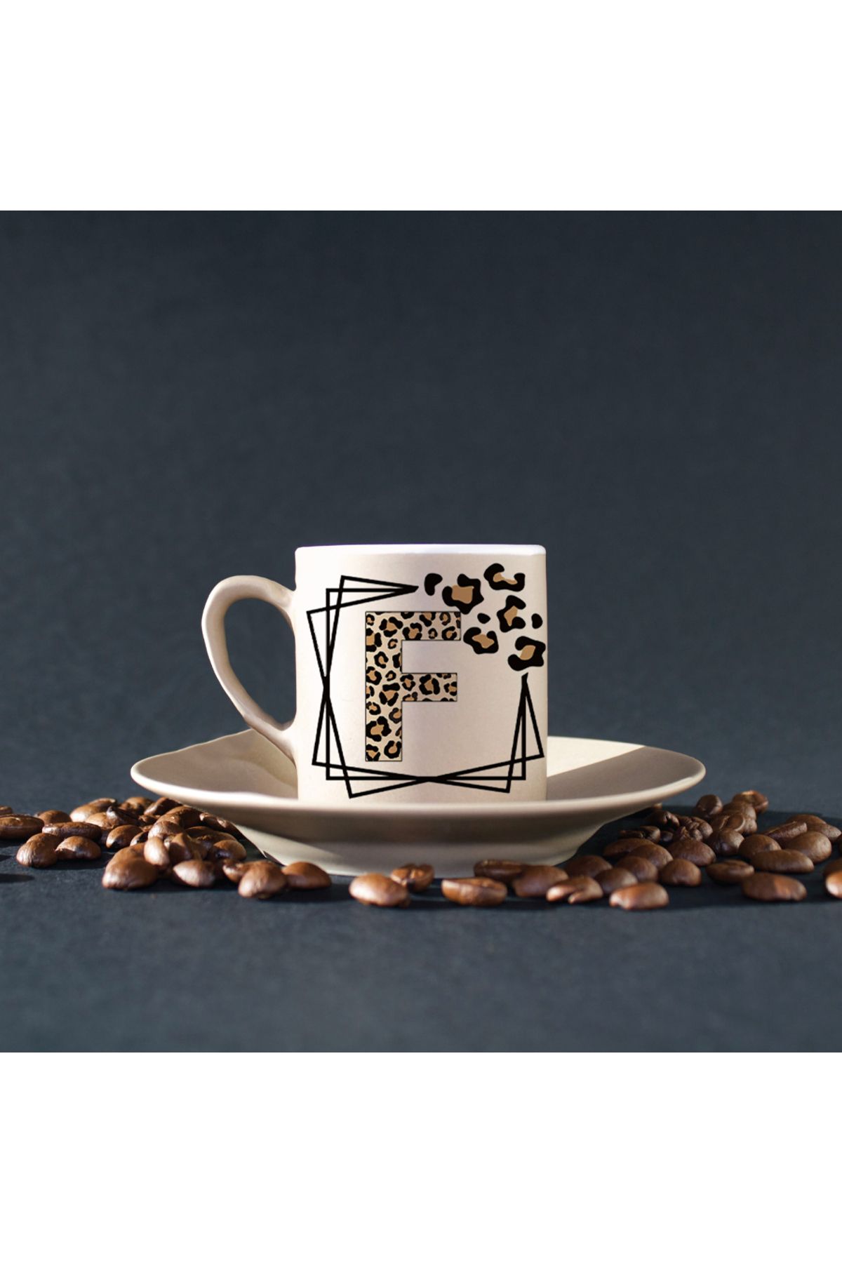 AYKAİST3D-Leopard Pattern Framed Turkish Coffee Cup with Letter F Design 2