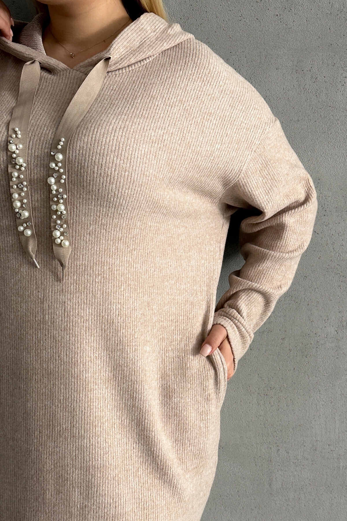 Stil Diva-Hooded Bead Embroidered Plus Size Sweat Dress - with Pockets 301801 7