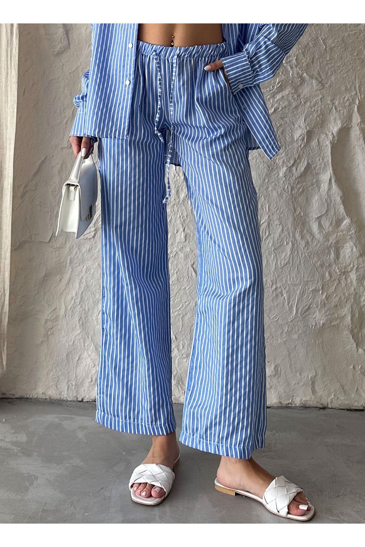 King Brothers-Pinterest Blue Stripe Pajamas for Women - Low Waist, Loose Legs and Pockets Sweatpants 5