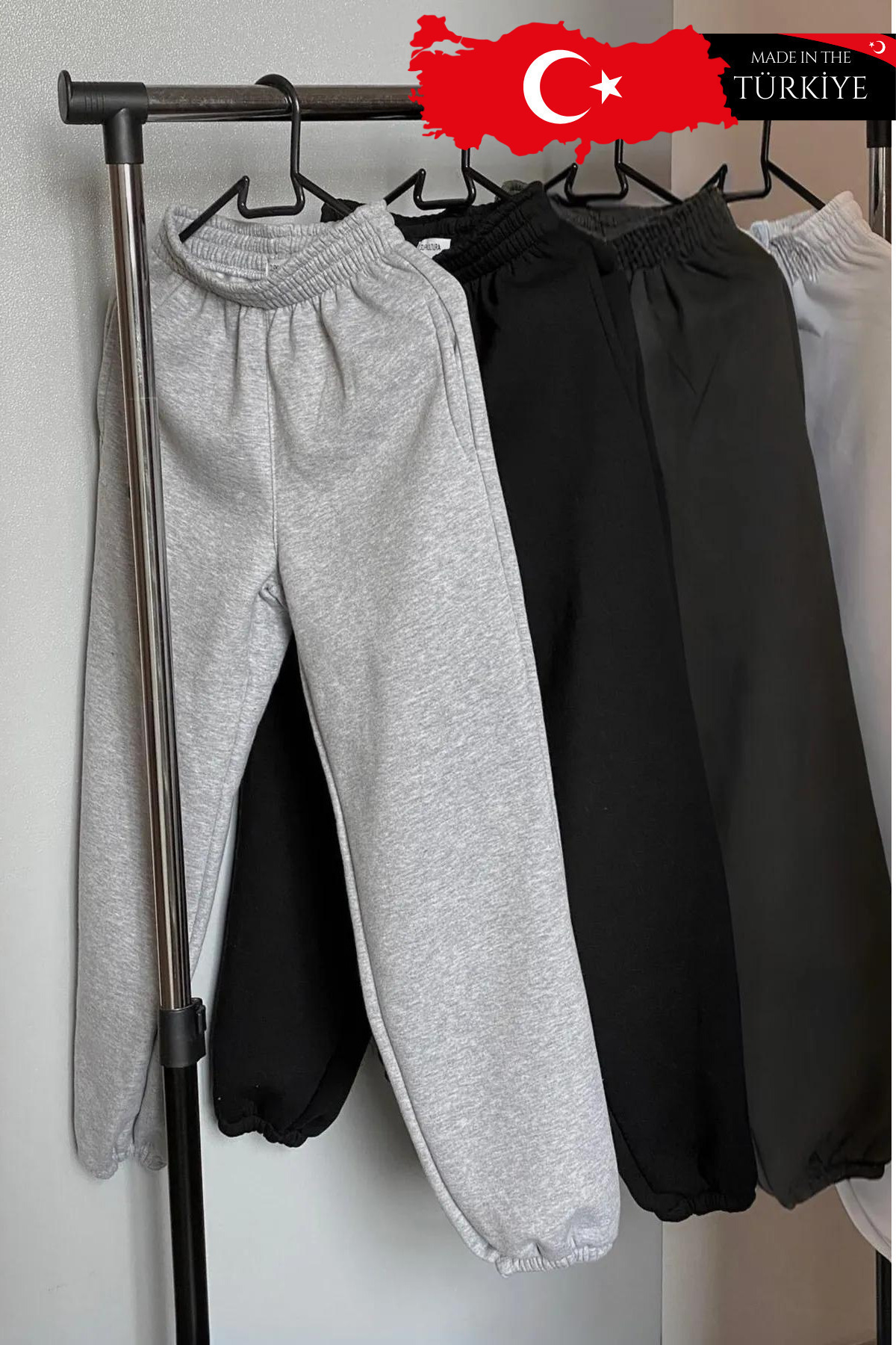 vladivosto  İki Iplik Yazlık Bol Kalıp Büyük Beden Gri Siyah Kadın Yüksek Bel Baggy Oversize Eşofman Altı Jogger - Görsel 8