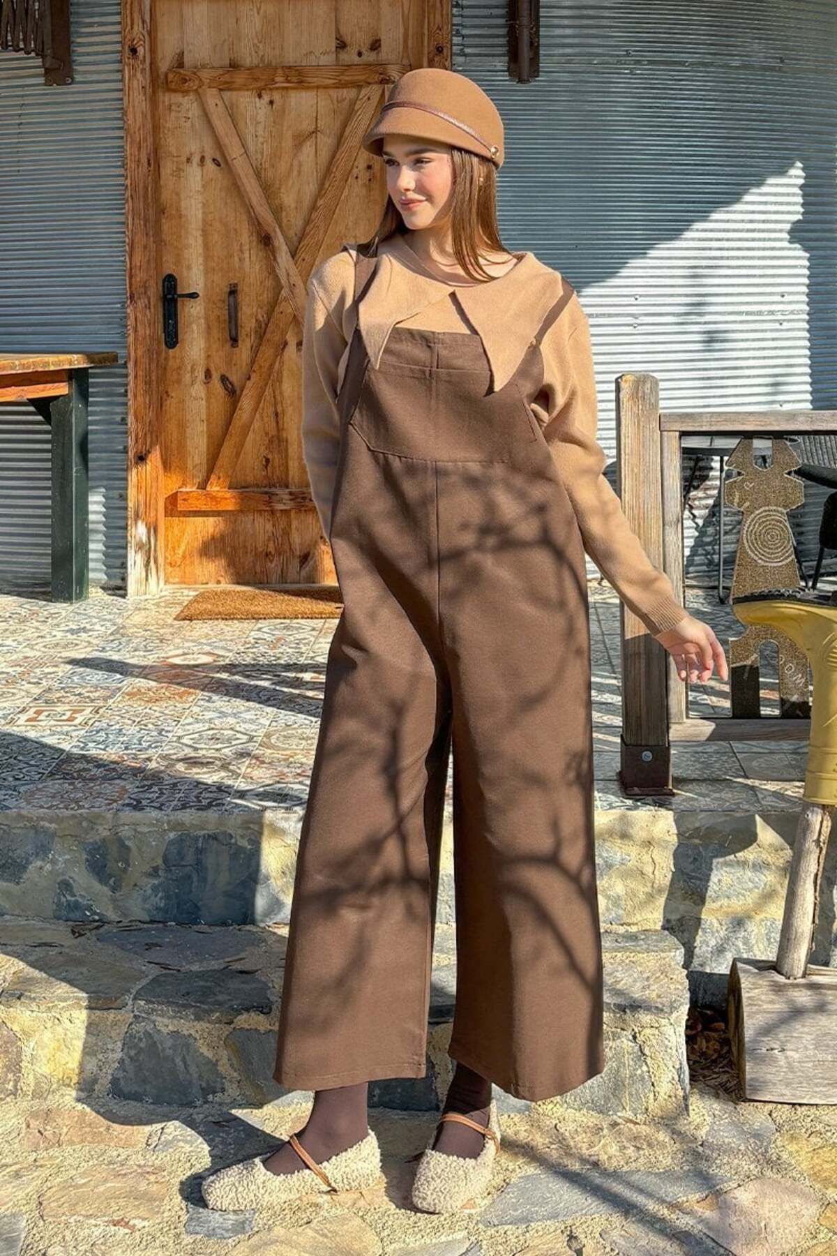 Ceylan Otantik-Bitter Brown Linen Salopet Jumpsuit & Milk Brown Collar Detailed Sweater Set 2