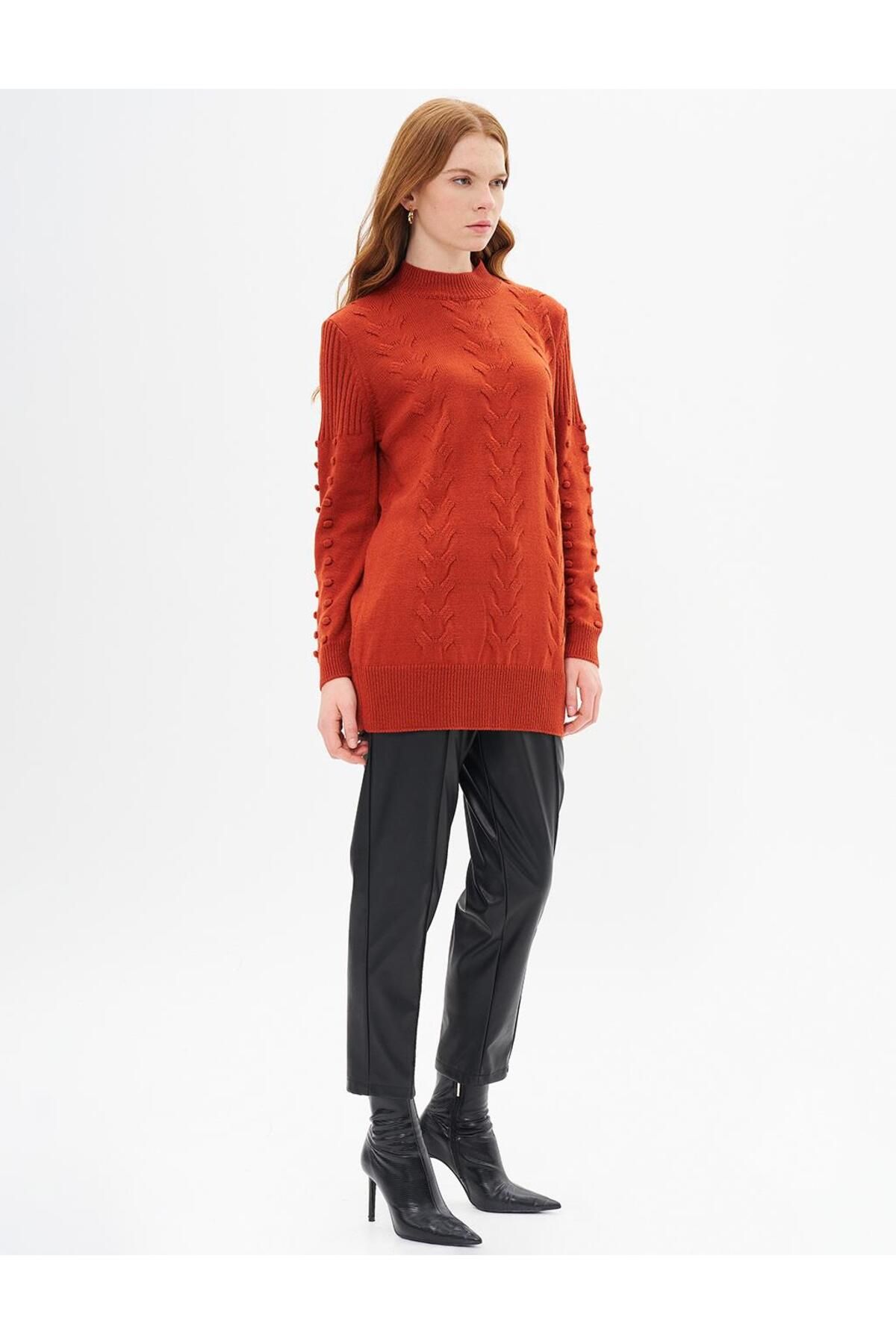 Kayra-Brick Colored Knitted Patterned Half Turtleneck Knitwear Tunic 4