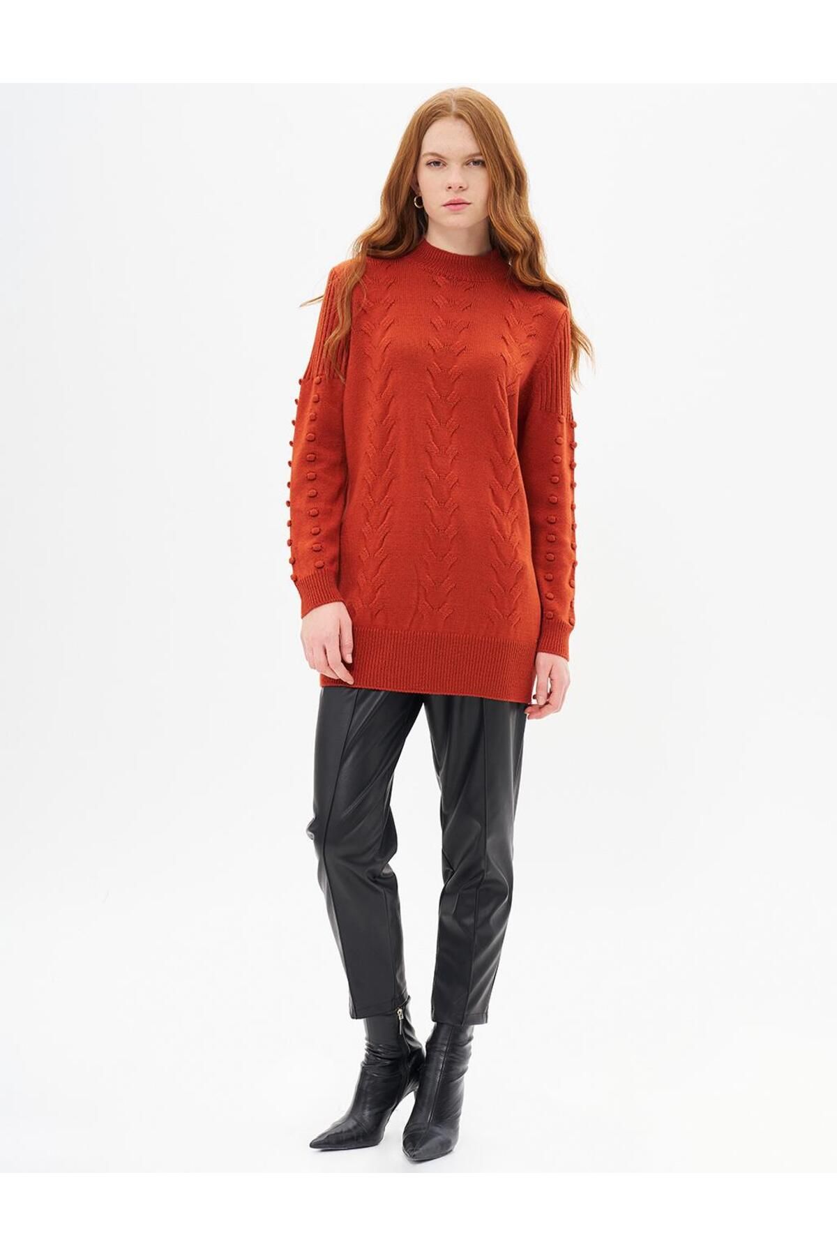 Kayra-Brick Colored Knitted Patterned Half Turtleneck Knitwear Tunic 2