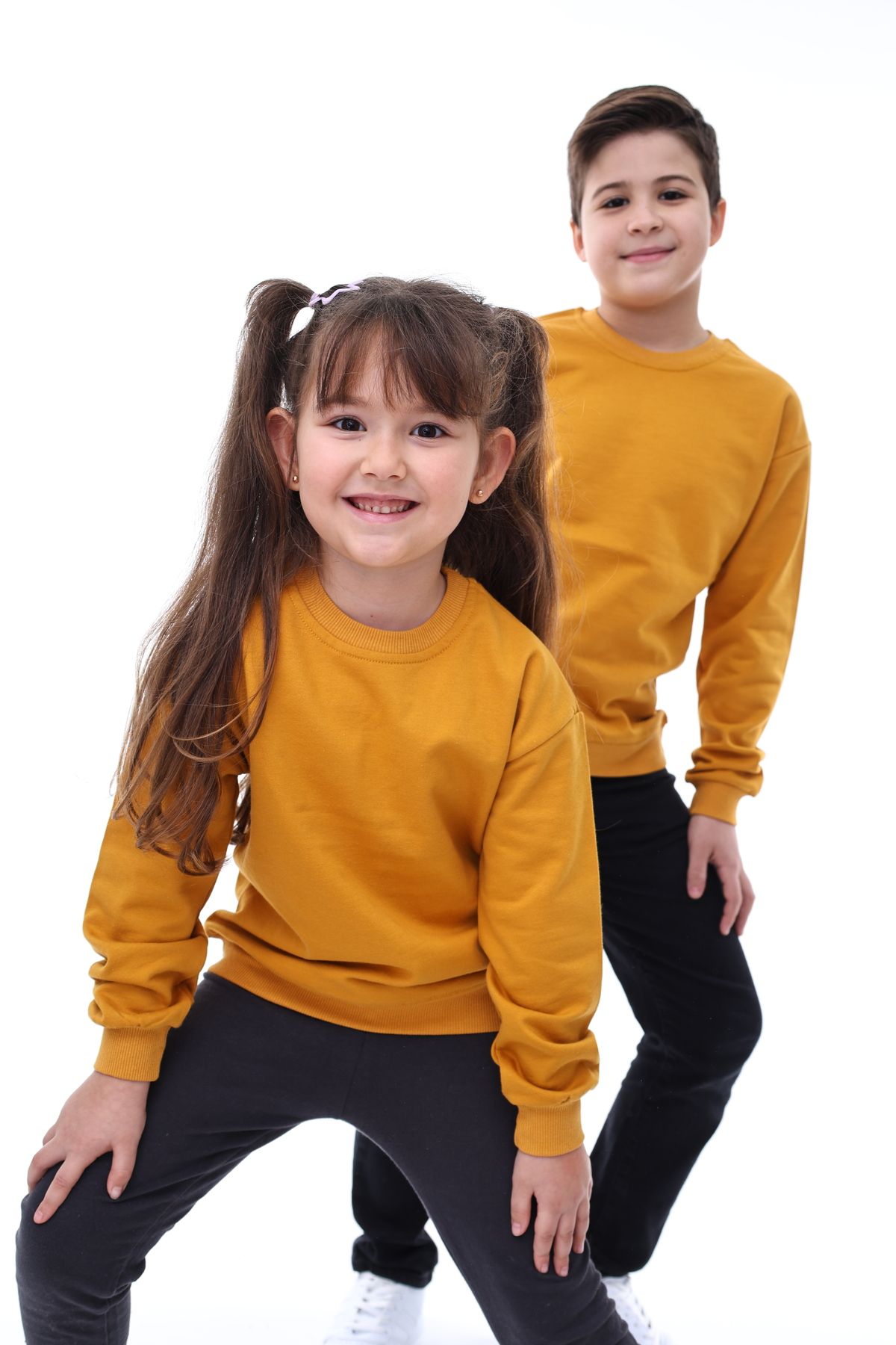 Basic Bisiklet Yaka Şardonlu Çocuk Sweatshirt 3-10 Yaş Hardal