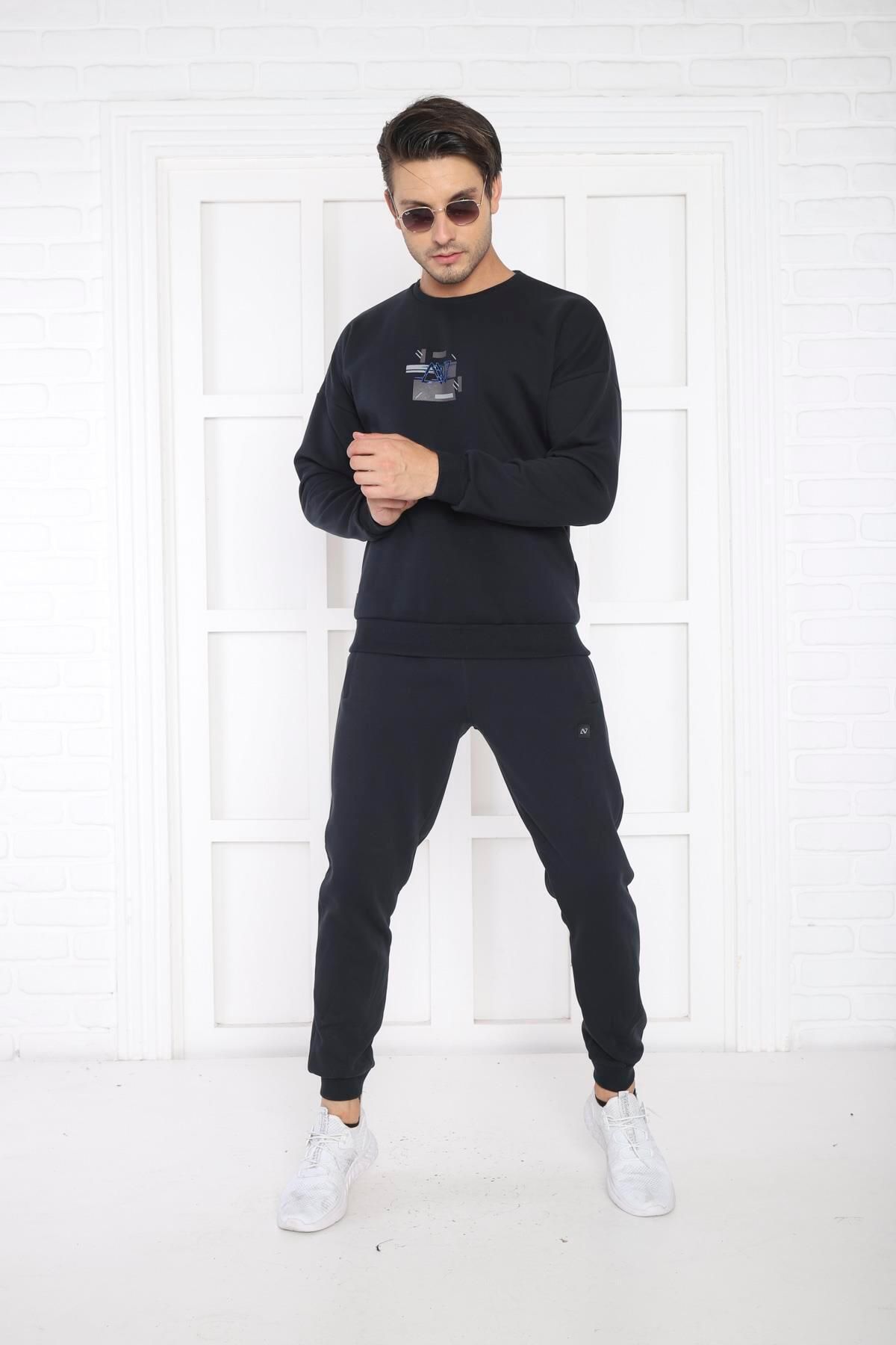 ست گرمکن ورزشی مردانه سرمهای آبی 3 نخ تنفس SLIMFIT SWEAT TRACKSUIT تیم 3079 Escetic