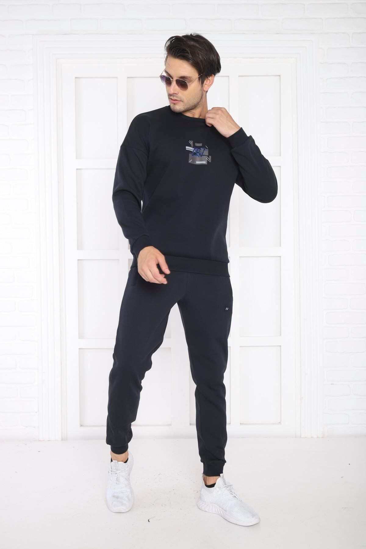 ست گرمکن ورزشی مردانه سرمهای آبی 3 نخ تنفس SLIMFIT SWEAT TRACKSUIT تیم 3079 Escetic