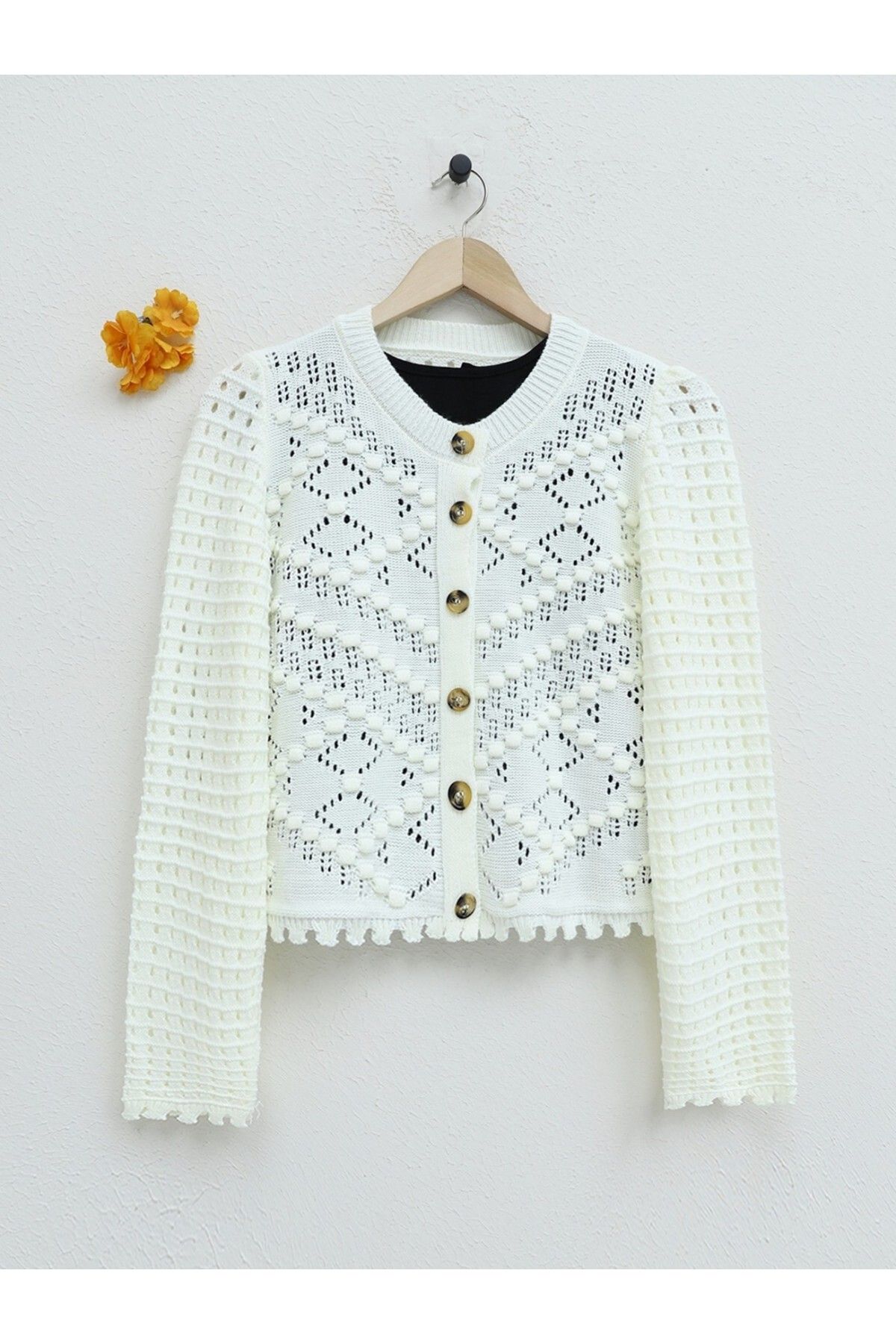 Modamorfo-Openwork Embossed Bone Buttoned Knitwear Cardigan 1