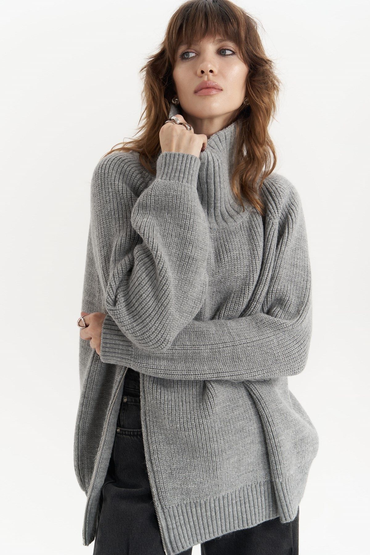 MAİ COLLECTİON-Saphira Zipper Detail Gray Knitwear Sweater 7