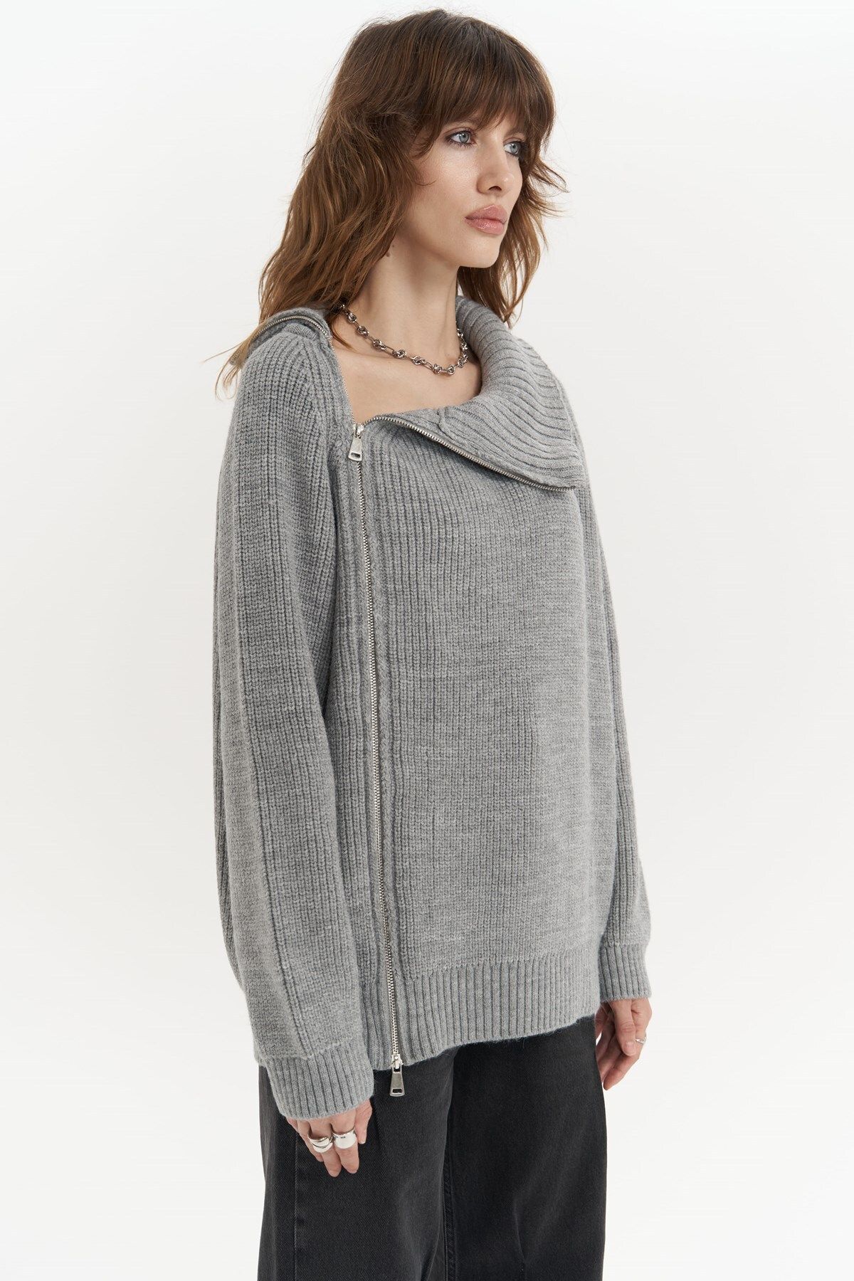 MAİ COLLECTİON-Saphira Zipper Detail Gray Knitwear Sweater 3