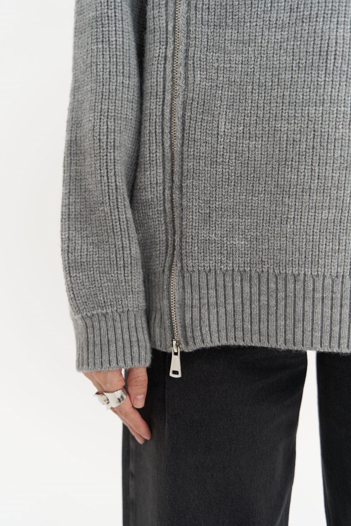 MAİ COLLECTİON-Saphira Zipper Detail Gray Knitwear Sweater 5