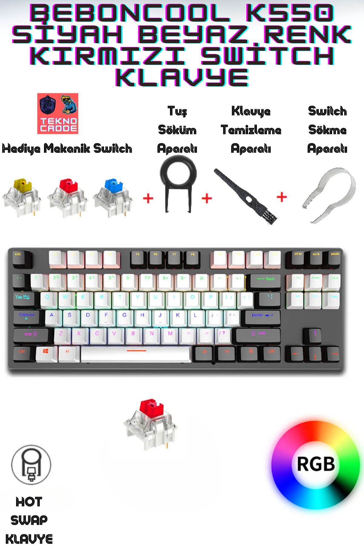 beboncool K550 Rainbow RGB HotSwap Kablolu Siyah Beyaz Renk Kırmızı Switch Gaming Mekanik Klavye