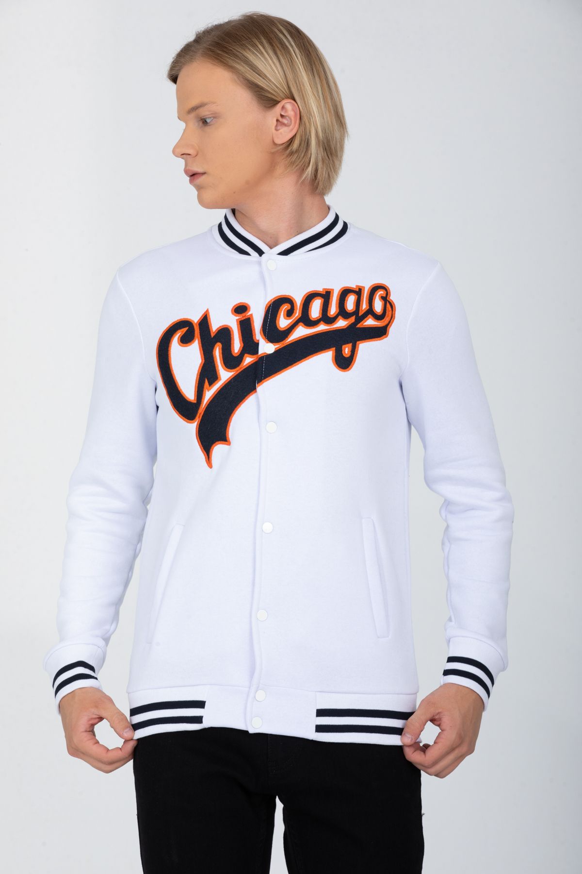 DYNAMO-Men's White College Collar Bomber Regular/Normal Cut Ribbed Inside Cotton Cardigan Sweatshirt 6752 8