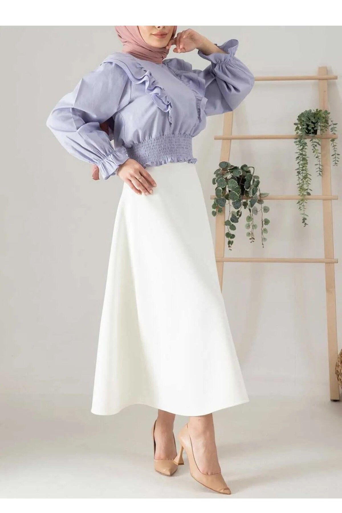 Mey Collection-Women's Off-White Scuba Fabric Puff Flared Hijab and Casual Skirt Length:92-93Cm 1