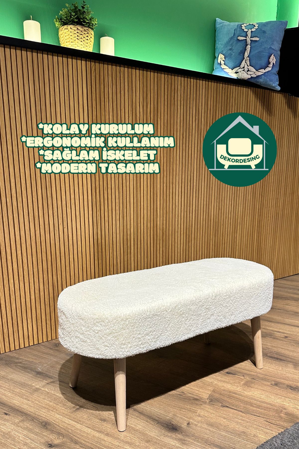 DEKOR MOBİLYACIM Paris Retro Ahşap Ayaklı Geniş Oturum Alanlı Oval Bench Puf Beyaz