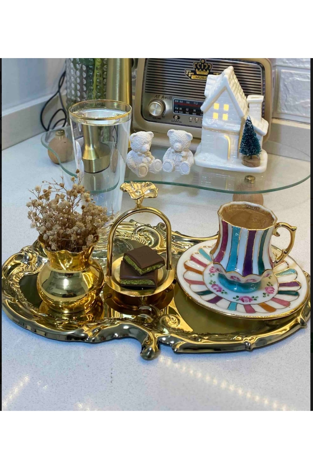 Steel Gold Color 1 Piece Artnova Serving Tray with Embroidered Lace Pattern Presentation 30 Cm
