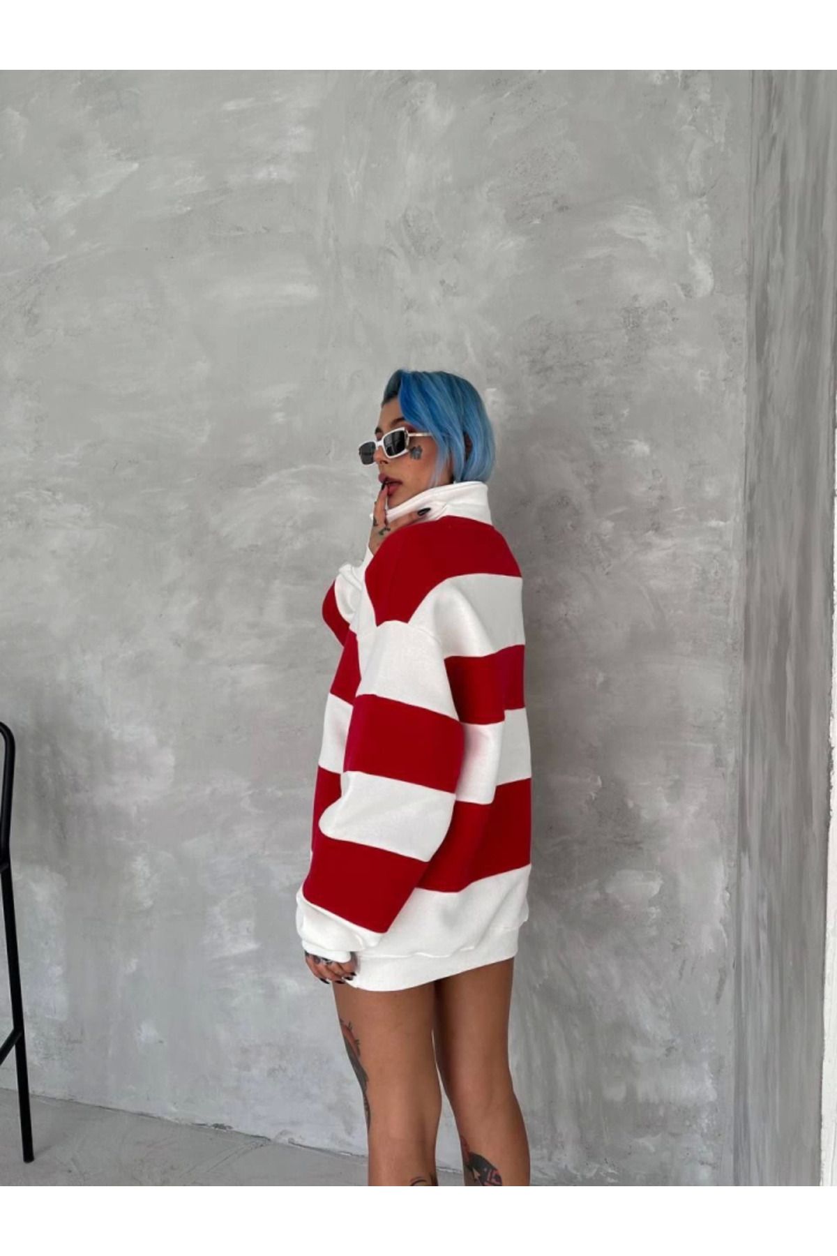 Tex Nova Unisex Üç İplik Parçalı Yakalı SweatShirt - Kırmızı