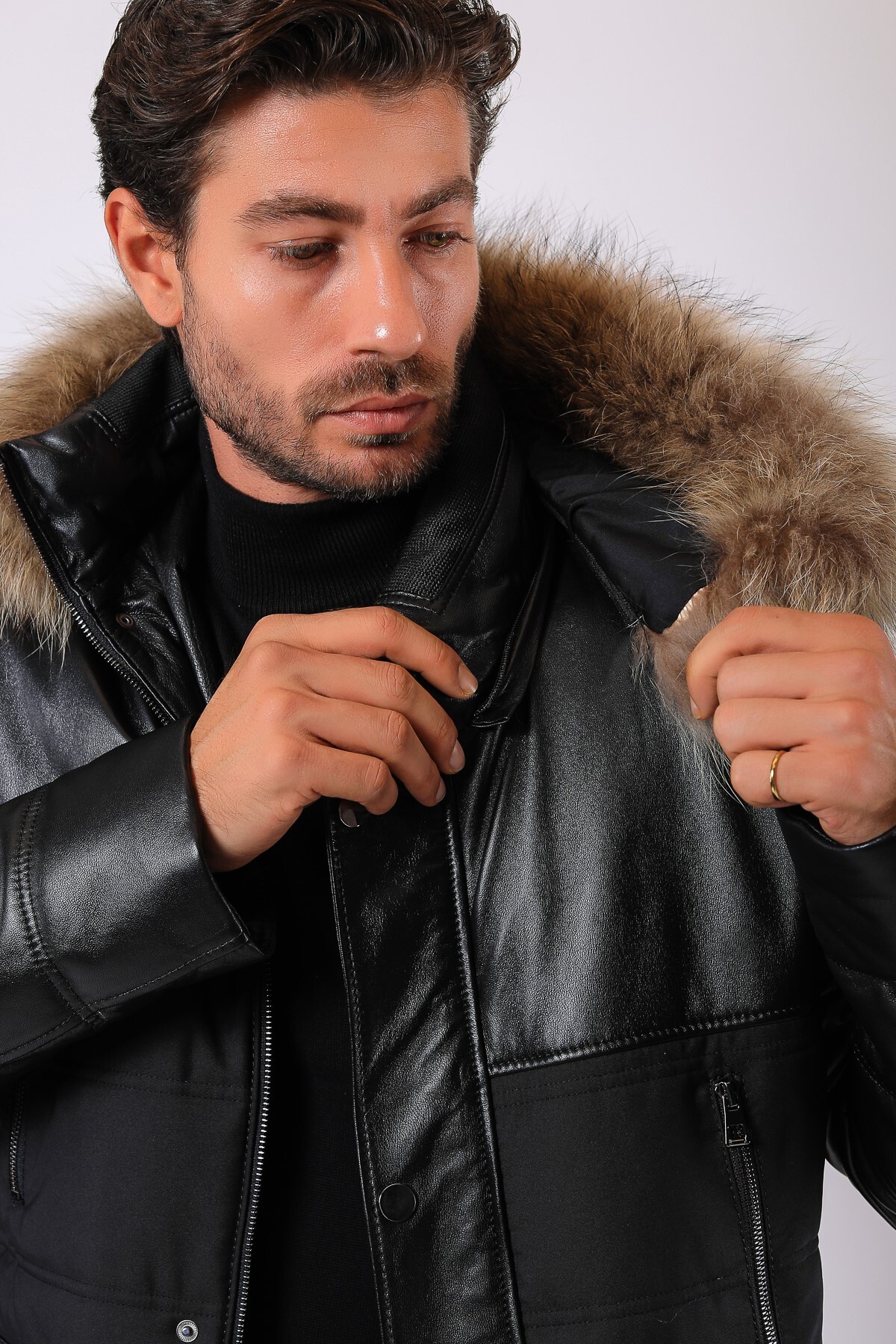 Leather Club Siyah Arthur Kürk Aksesuarlı Hakiki Deri Kaban görsel 5
