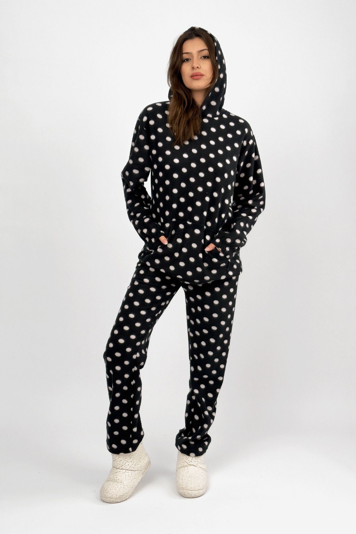 Betimoda-Winter Women's Pajamas Set - Fleece Black and White Polka Dot with Waist Hood and Elastic 2