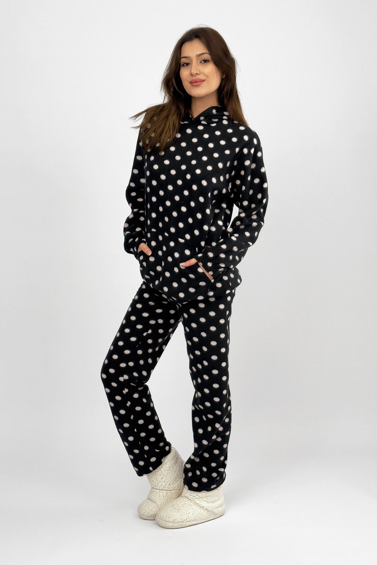 Betimoda-Winter Women's Pajamas Set - Fleece Black and White Polka Dot with Waist Hood and Elastic 5