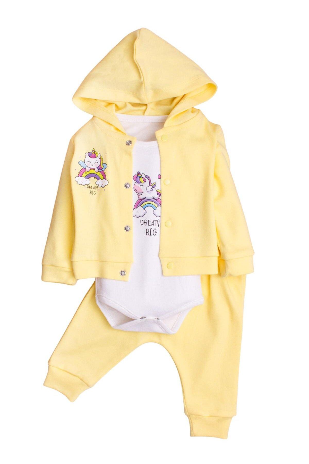 Chicsy Baby Kız Bebek Kapüşonlu Unicornlu Pamuklu Zıbınlı Fitilli 3'lü Bebek Takımı