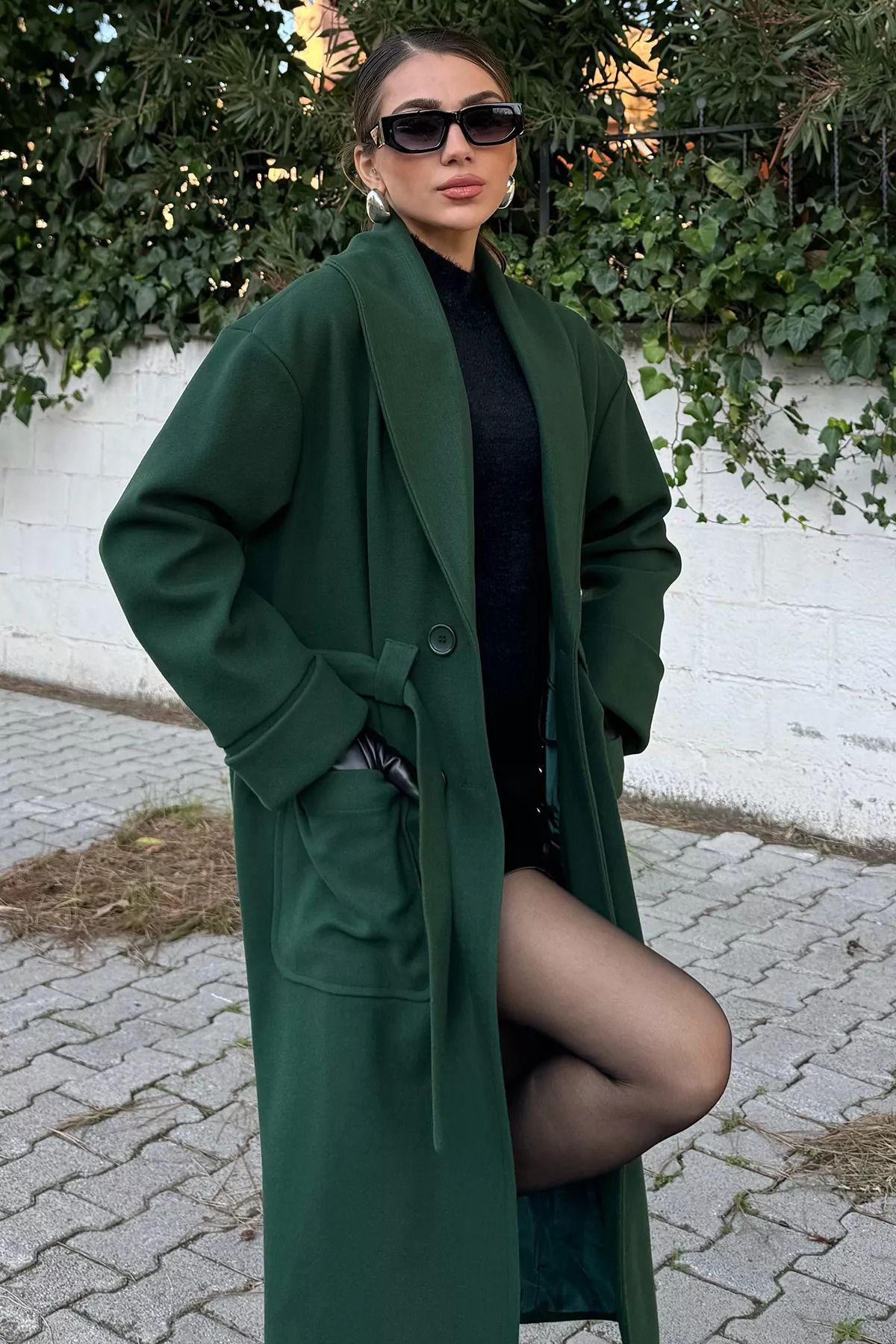 GÜLSELİ-Emerald Green Lined Women's Stitched Coat with Waist Belt 2