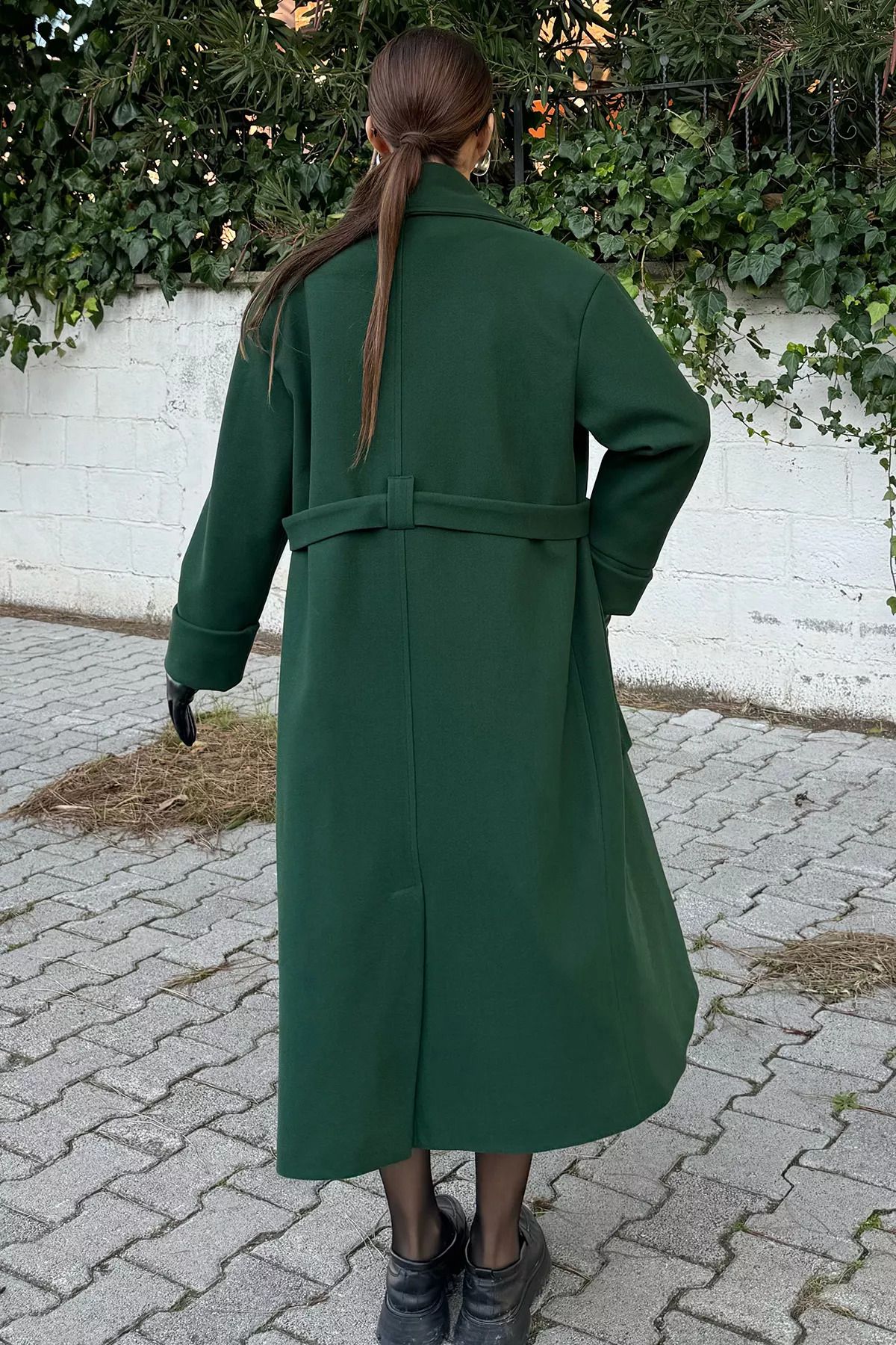 GÜLSELİ-Emerald Green Lined Women's Stitched Coat with Waist Belt 4