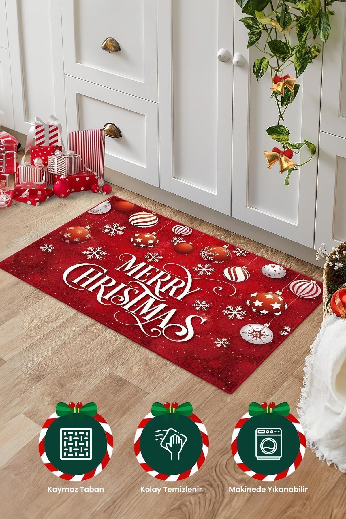 Aden Merry Christmas Desenli Kırmızı Kapı Önü Paspası - Kaymaz Dokuma Tabanlı Şık Tasarım - 45x70 Cm