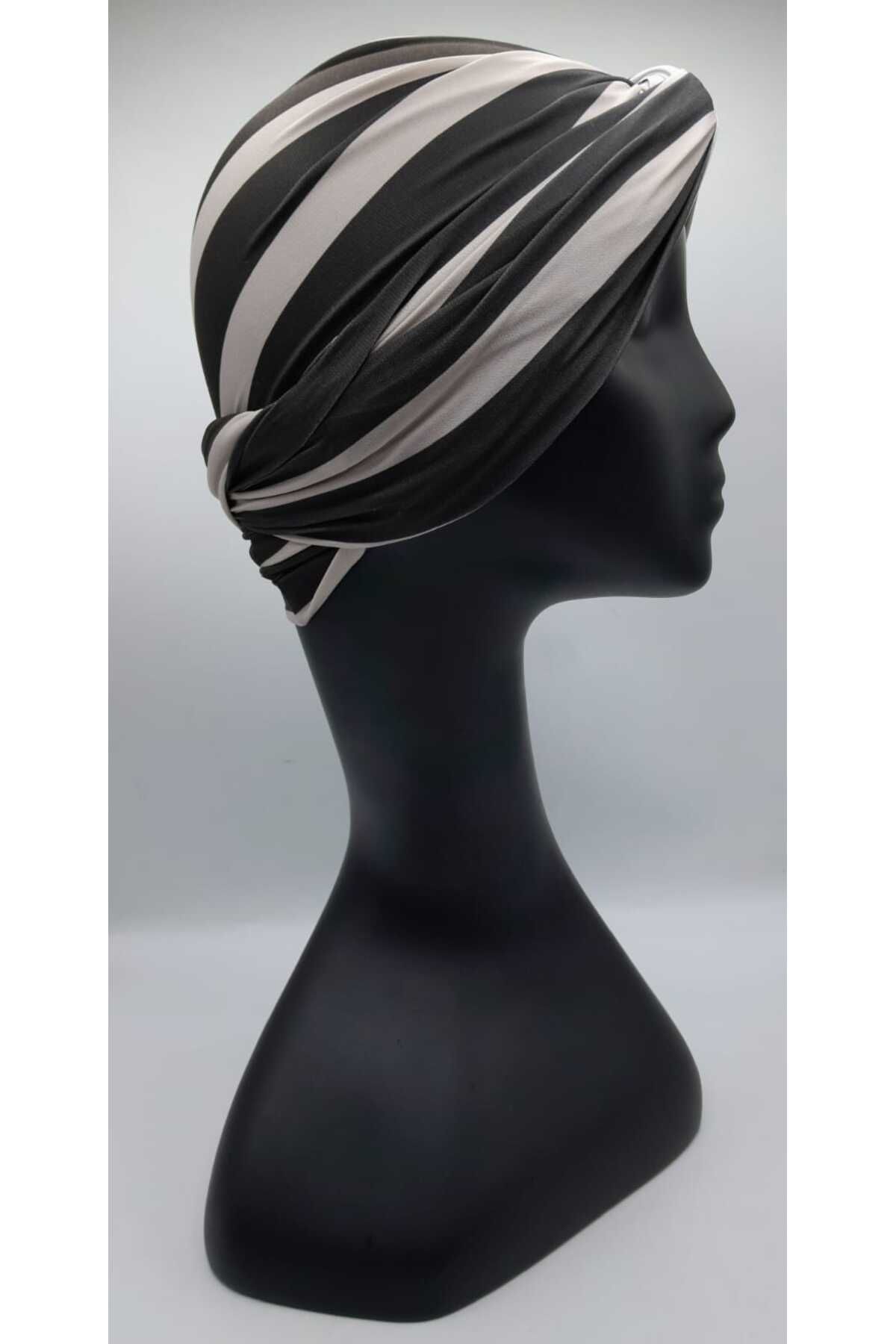 Differenza-Black Striped Wrapped Bonnet - Light Mink Pattern 3