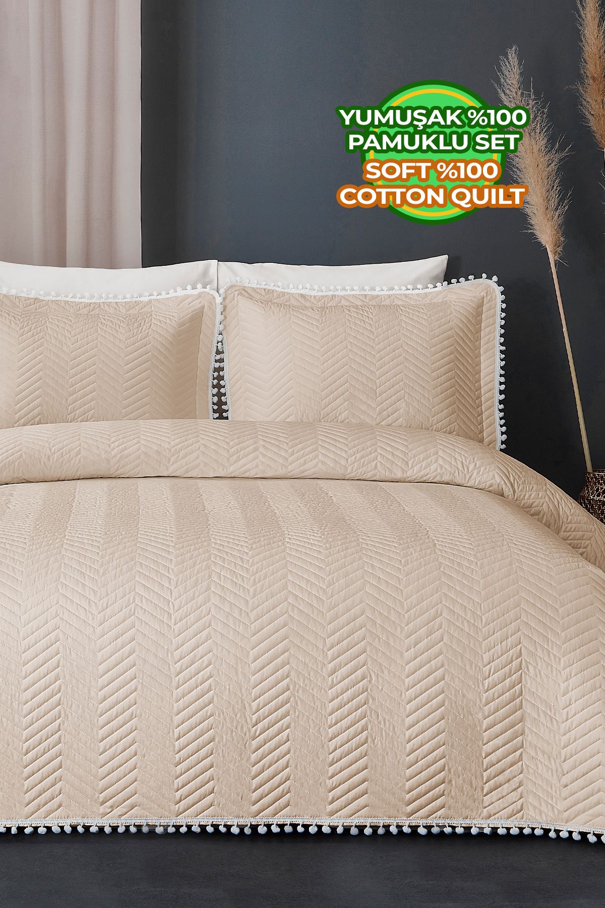 Evlen Home Collection-100% Cotton Single Bedspread (Pique) Set with Pompom Open Cappuccino 1