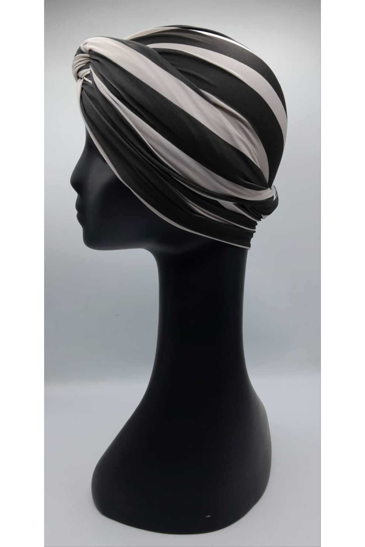 Differenza-Black Striped Wrapped Bonnet - Light Mink Pattern 2