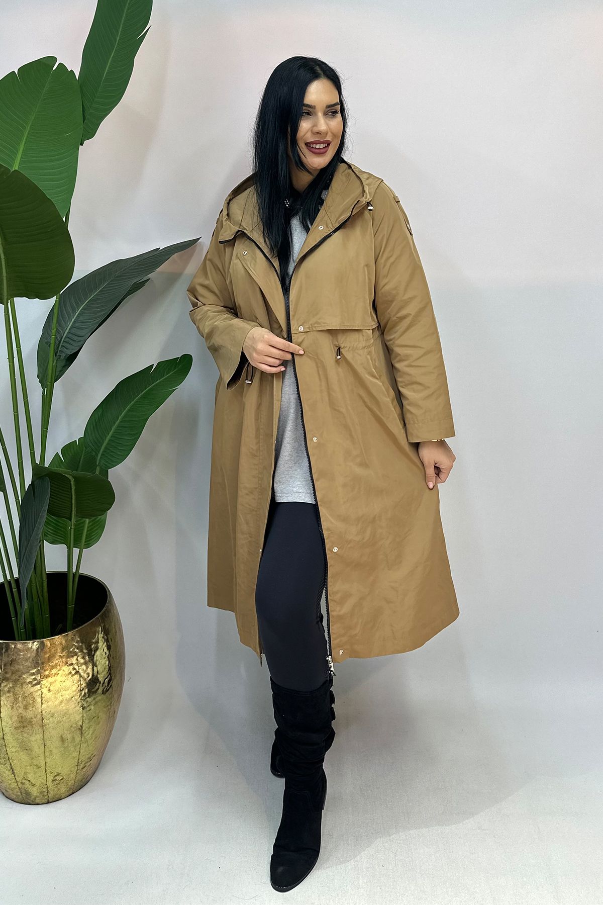 GÖKSEL-Plus Size Trench with Hood - Tan 6