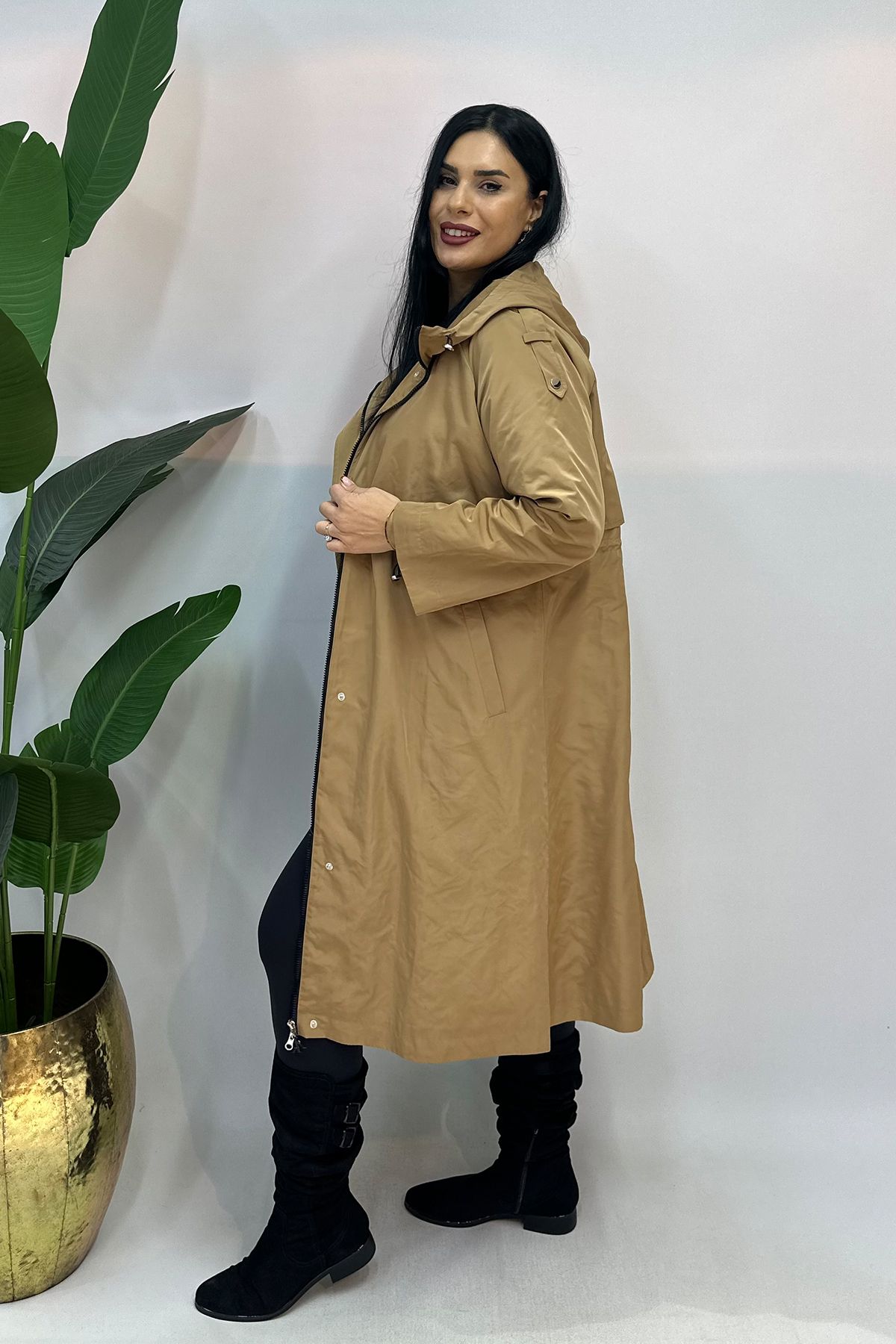 GÖKSEL-Plus Size Trench with Hood - Tan 7