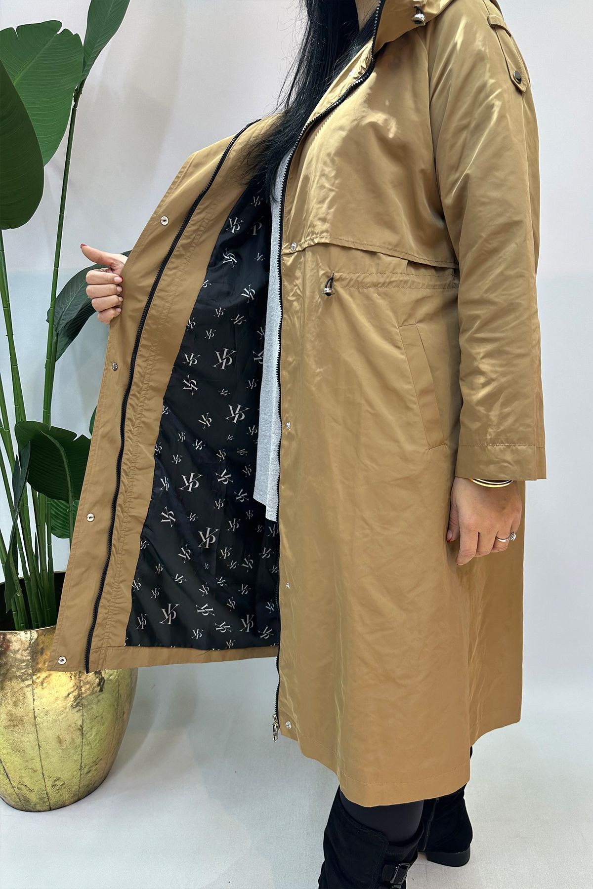 GÖKSEL-Plus Size Trench with Hood - Tan 4