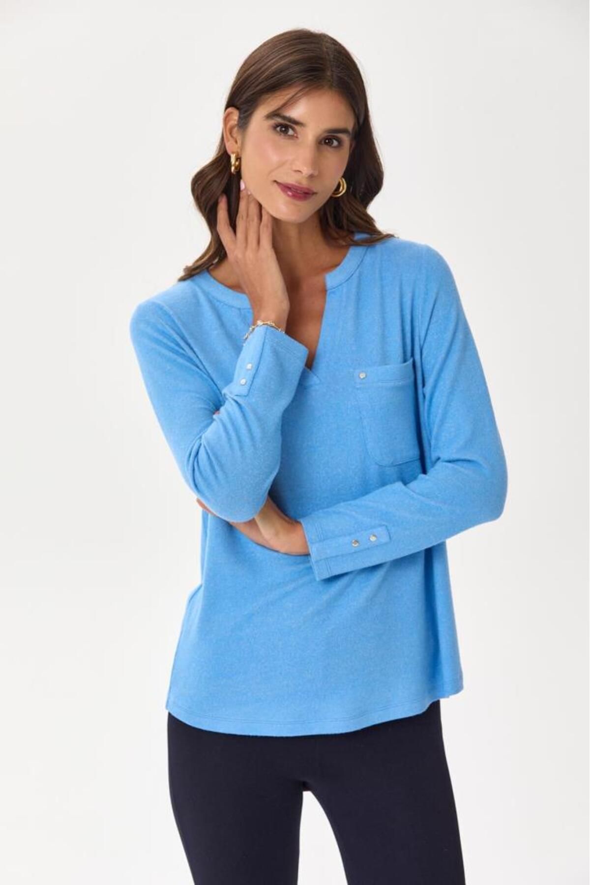 İKİLER-Prevailing V-Neck Pocket Detail Long Sleeve Blouse 245-1708 3