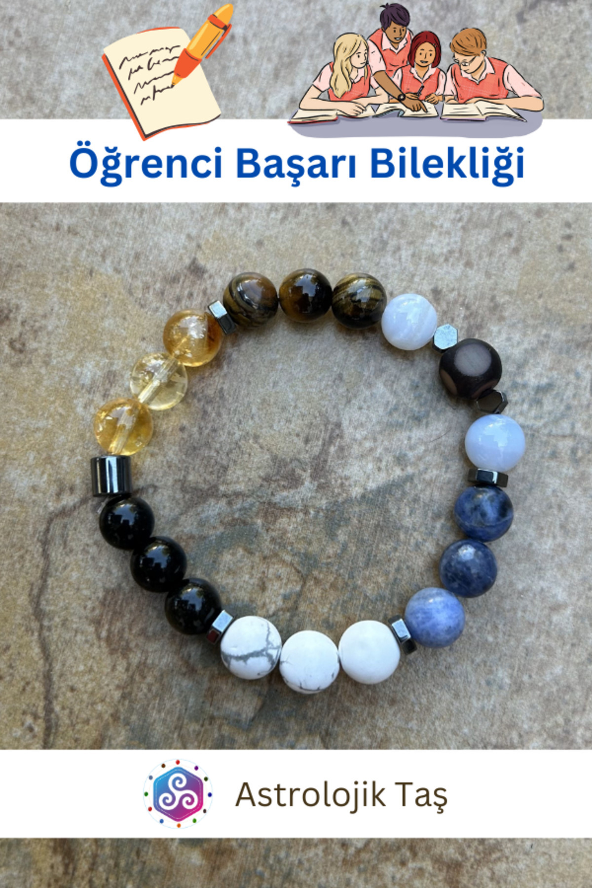Tasarım Sertifikalı Doğal Taş Öğrenci Okul Başarı Bilekliği - Odaklanma - Hafıza - Nazar - Iletişim görsel 3