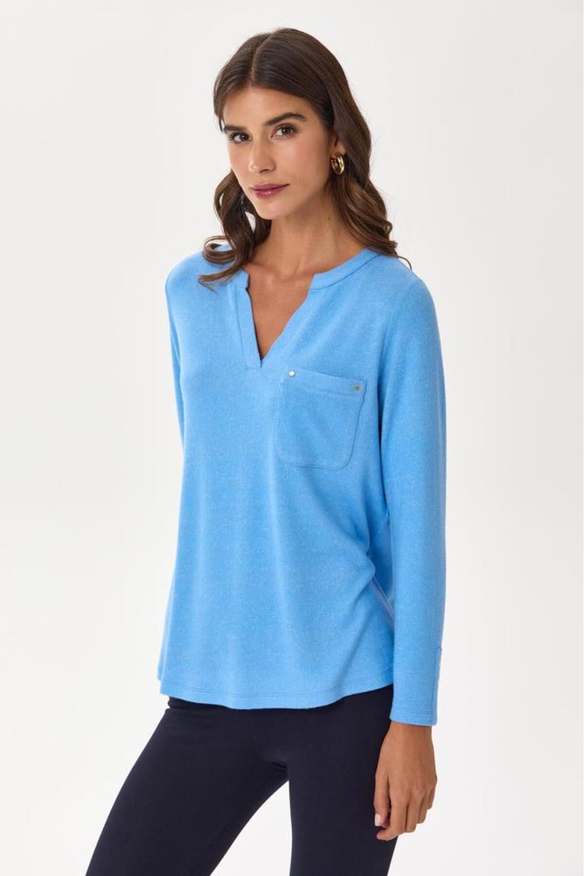 İKİLER-Prevailing V-Neck Pocket Detail Long Sleeve Blouse 245-1708 2